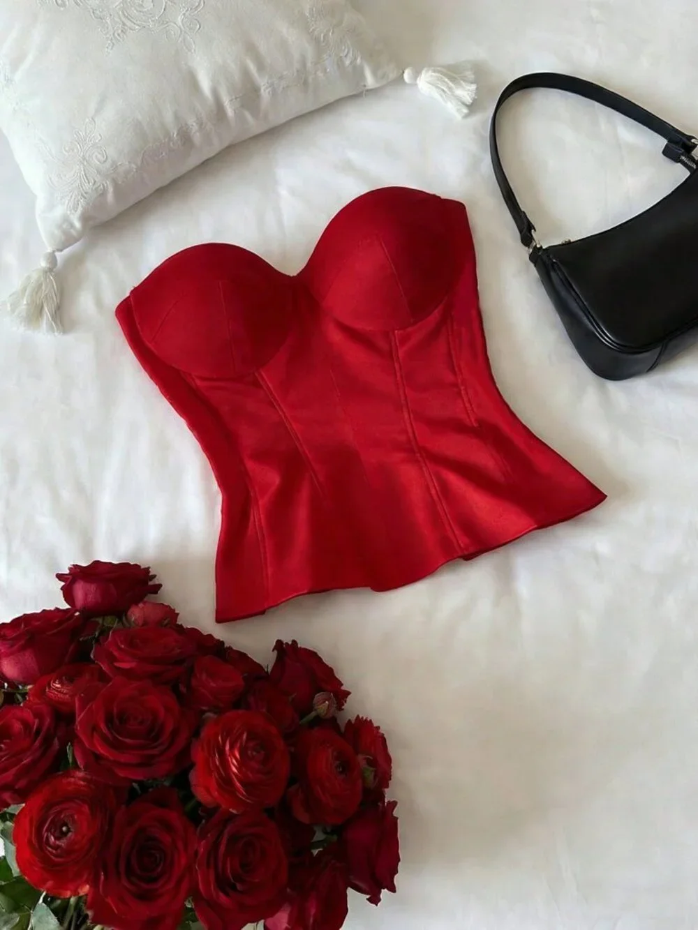 Red Casual Women's Fishbone Corset Sexy Bandeau Lace-Up Short Top